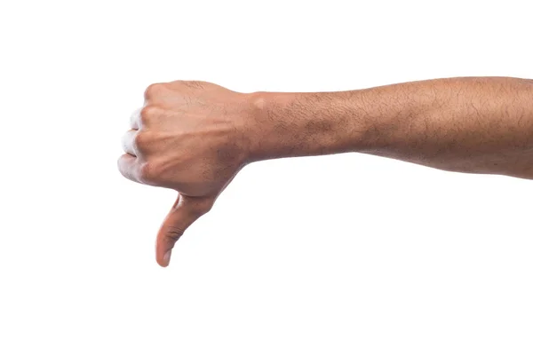 Schwarze männliche Hand gestikuliert Daumen nach unten, isoliert auf weiß — Stockfoto