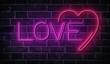 Tuğla duvar Neon kelimesini seviyorum. Pembe parlayan tabela.