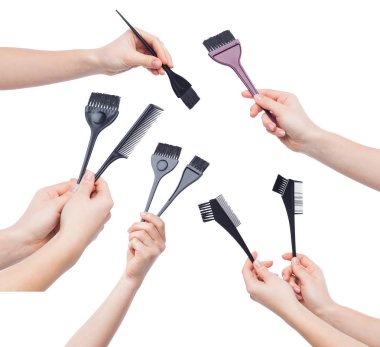 Fırçalar saç beyaz izole dying için holding eller