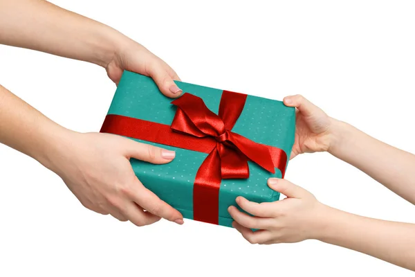 Children hands with gift box isolated on white — Stock Photo, Image