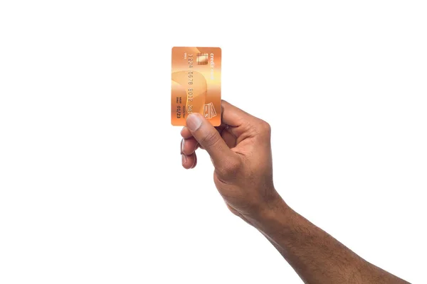 Zbliżenie: mężczyzna ręka trzyma karty plastikowe — Zdjęcie stockowe