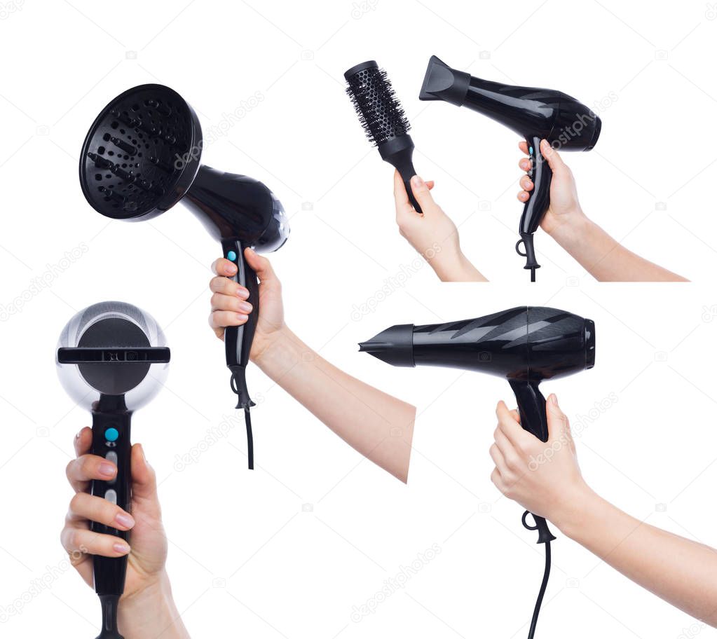 Set of woman hands holding a hair dryer