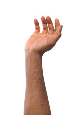 Siyah adam beyaz izole palmiye açık tutarak