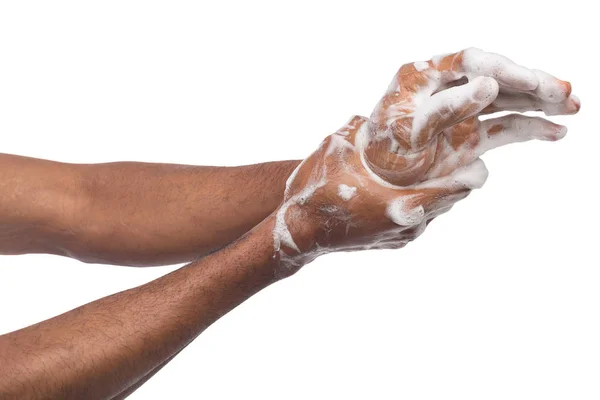 Pria hitam mencuci tangan terisolasi pada latar belakang putih — Stok Foto