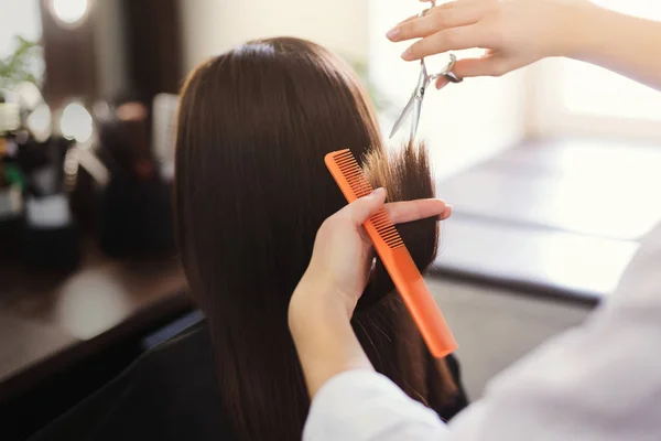 Парикмахер стрижет длинные каштановые волосы ножницами — стоковое фото