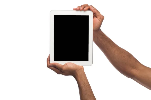 Black man holding digital tablet isolated on white background — Stock Photo, Image