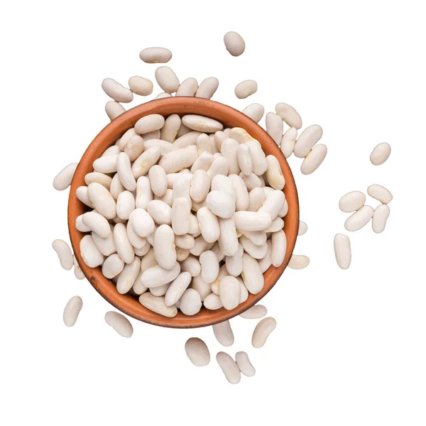 Top view of wooden bowl full of white beans — Stock Photo, Image