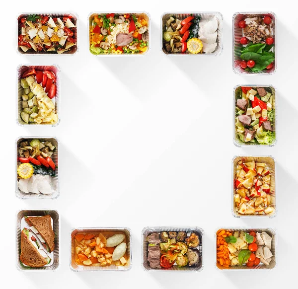 Frame made of healthy food boxes on whie background — Stock Photo, Image