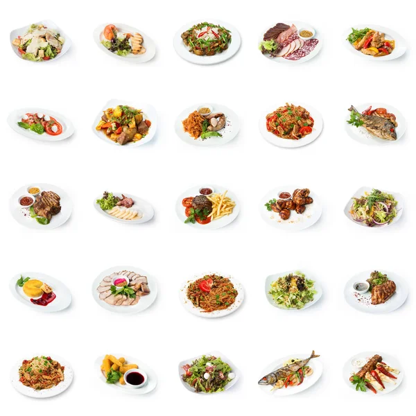 Κολάζ από πιάτα εστιατορίων που απομονώνονται σε λευκό — Φωτογραφία Αρχείου
