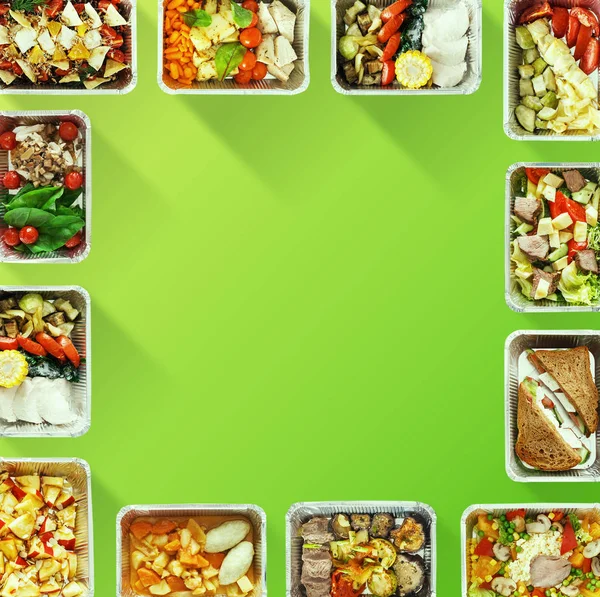 食品配信と距離の概念、緑色の背景上のボックス — ストック写真