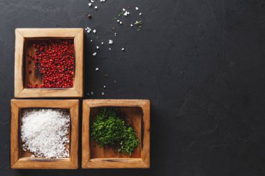 Siyah arka plan üzerine kutularındaki çeşitli baharatlar