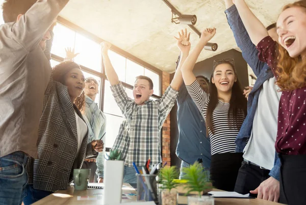 Joven equipo de negocios disfrutando del éxito en la oficina — Foto de Stock