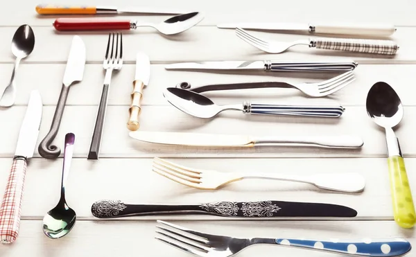 Koleksi modern dan antik sendok garpu, top view — Stok Foto