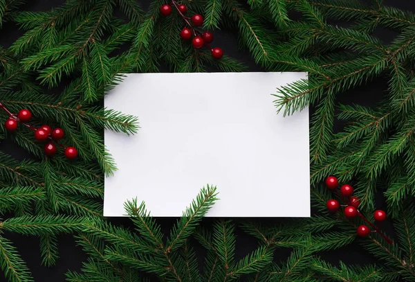 Köknar Ağacı Dalları Ile Kırmızı Noel Çilek Beyaz Boş Sayfa — Stok fotoğraf