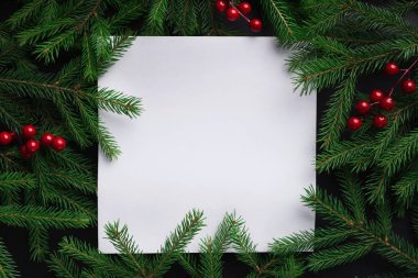 Köknar ağacı dalları ile kırmızı Noel topları çerçeve