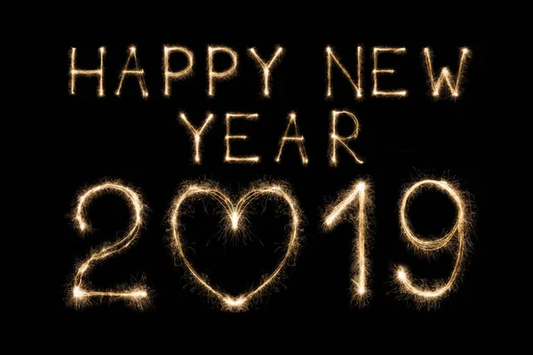 Šťastný nový rok 2019 text vyrobený z prskavky ohňostroj světlo izolované na černém pozadí — Stock fotografie