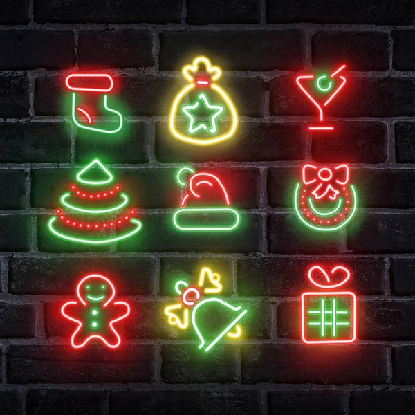 Set di cartelli app di Natale oltre muro di mattoni — Foto Stock