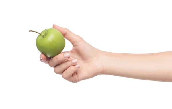 Frau reicht Hand und bietet einen Apfel an — Stockfoto