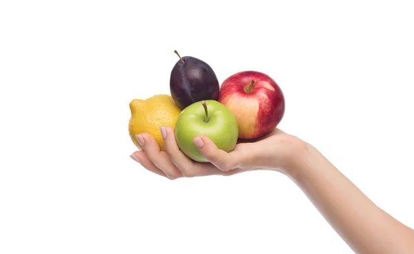 Mulher segurando vários frutos isolados no fundo branco — Fotografia de Stock