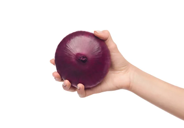 Vrouwelijke hand met paarse UI geïsoleerd op wit — Stockfoto