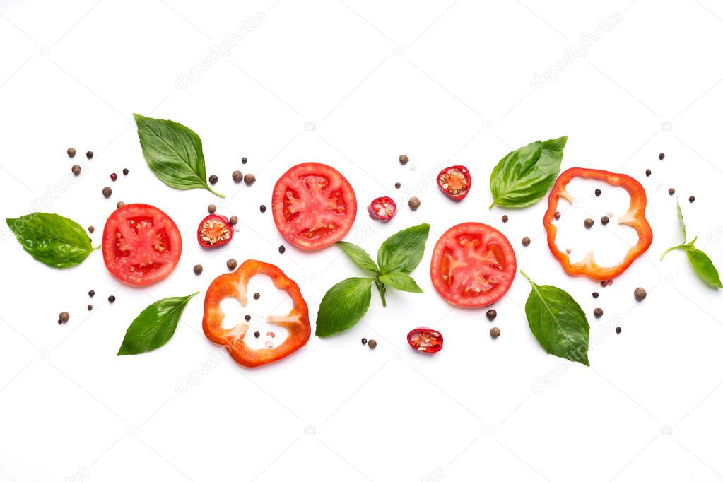 Composition of vegetables, herbs and spices on white background