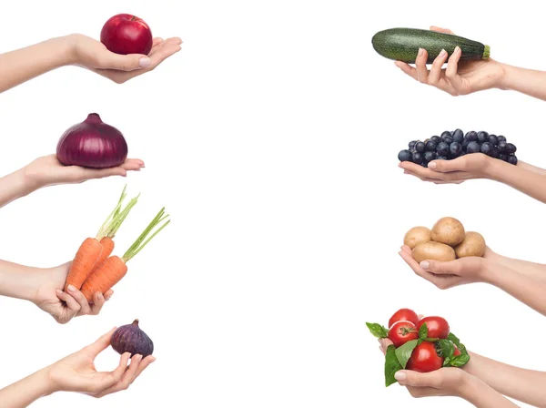Set of female hands with various vegetables and fruits — Stock Photo, Image