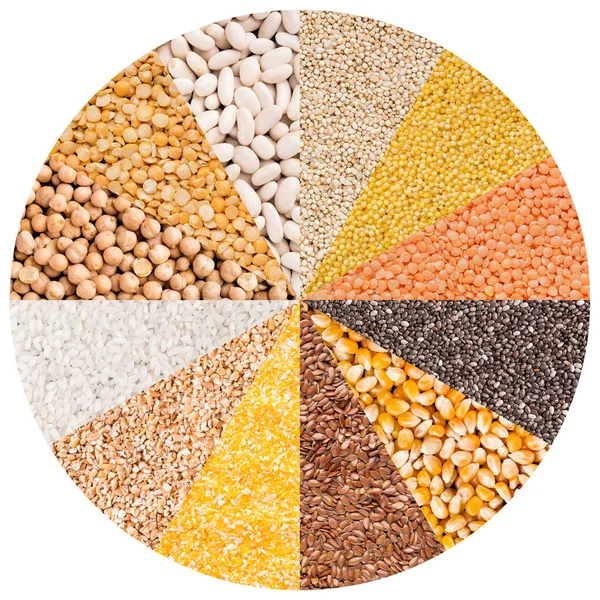 Círculo con diferentes tipos de granos aislados en blanco —  Fotos de Stock