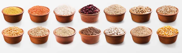Sağlıklı çeşitli hububat ürünleri, tahıl ve fasulye kase — Stok fotoğraf
