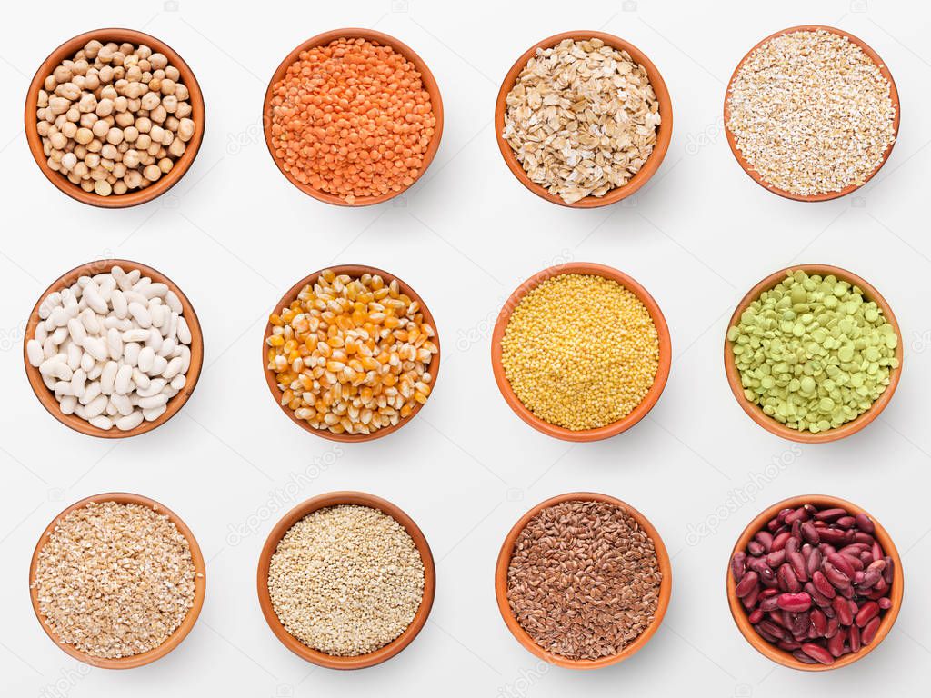 Set of various grains isolated on white background