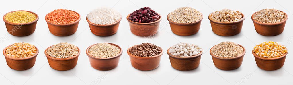 Healthy various cereals, grains and beans in bowls