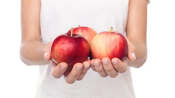 白い背景の上の女性の手で 3 つの香り、熟したリンゴ — ストック写真