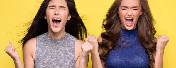 Dos mujeres gritando histéricamente sobre fondo amarillo — Foto de Stock