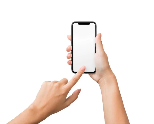 Mano femenina usando la pantalla táctil en blanco del teléfono inteligente — Foto de Stock