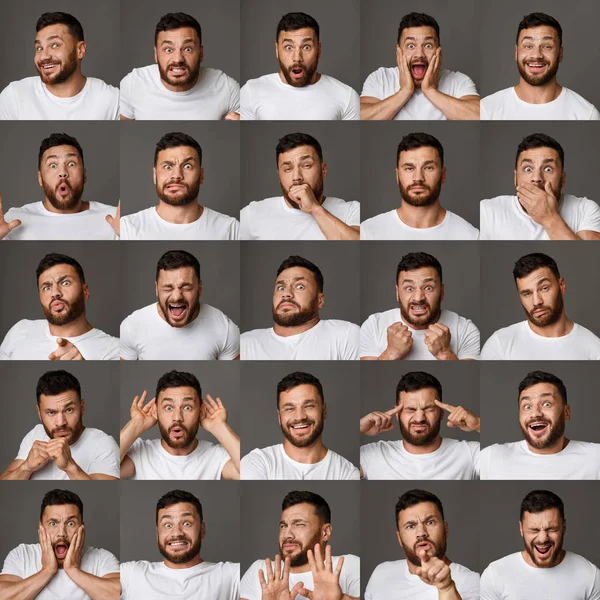 Genç adam ifadeler ve duyguların kolaj — Stok fotoğraf