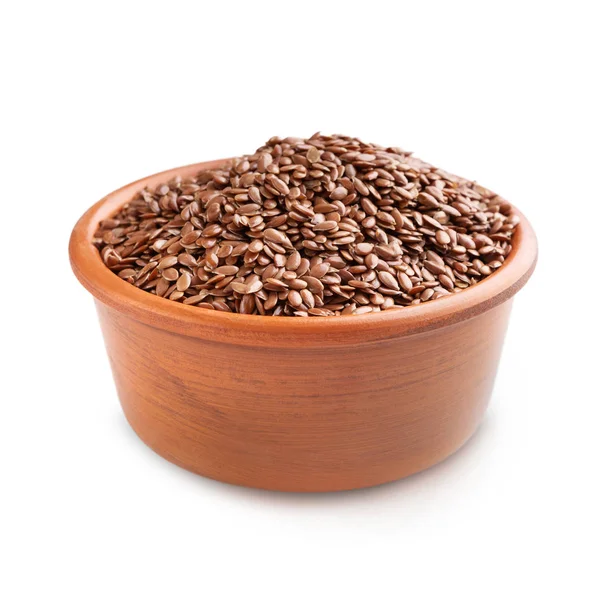 Flax seeds in ceramic bowl isolated on white — Stock Photo, Image