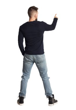 Adam beyaz duvara geri görünüm, yazmaya mockup