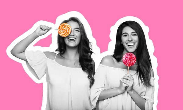 Magazine style collage of two young women having fun with lollipops — Stock Photo, Image