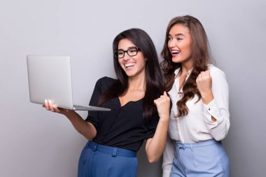 Birlikte laptop çalışma mutlu iş kadınları
