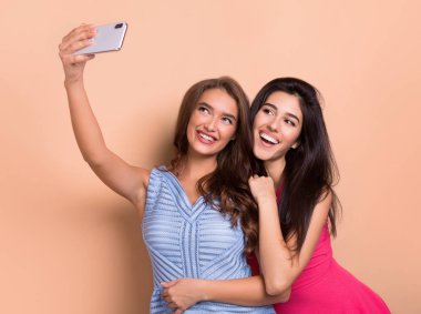 İki neşeli kadın selfie pembe arka plan üzerinde alarak