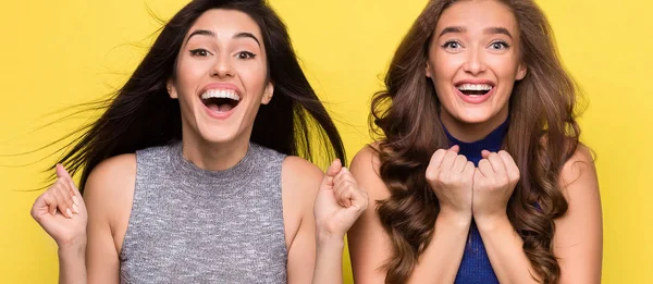 Dos mujeres alegres gritando sorprendidas sobre fondo amarillo — Foto de Stock