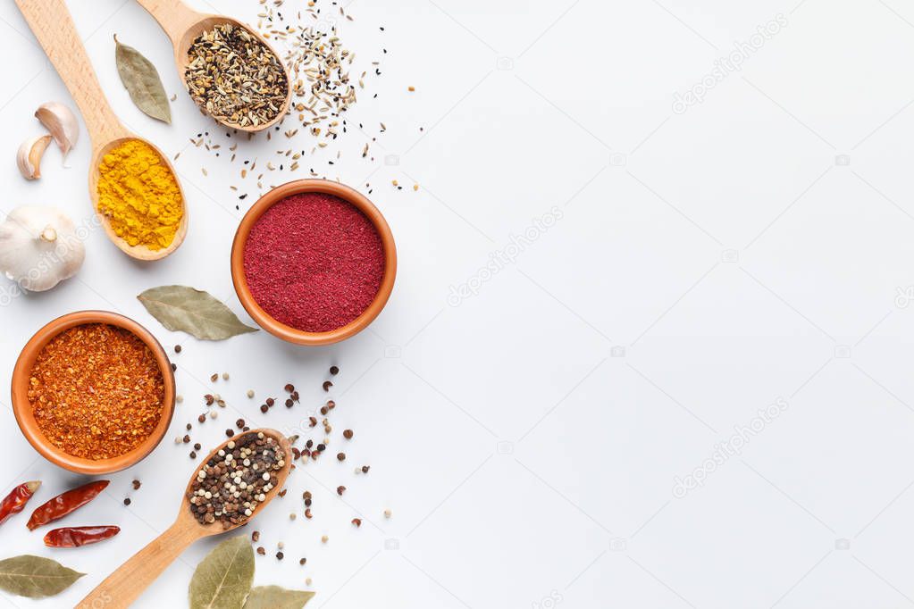 Kitchen table with spices and dry herbs