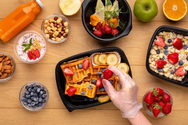 Proceso de preparación de desayuno saludable, vista superior — Foto de Stock