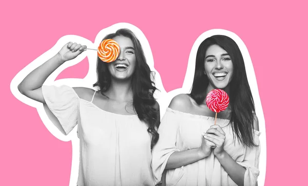 Magazine style collage of two young women with lollipops — Stock Photo, Image