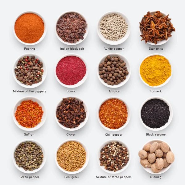 Different kinds of spices on white background — Stock Photo, Image