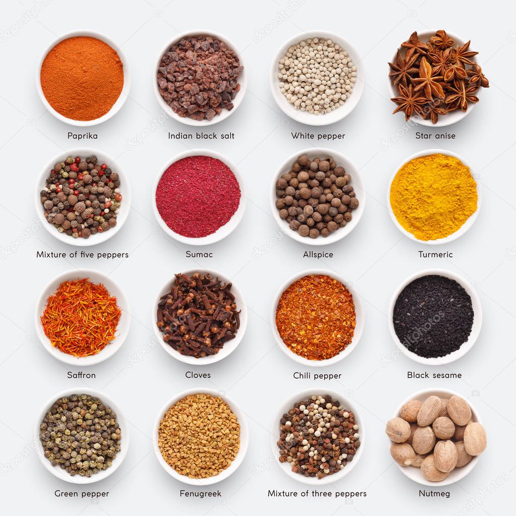 Different kinds of spices on white background