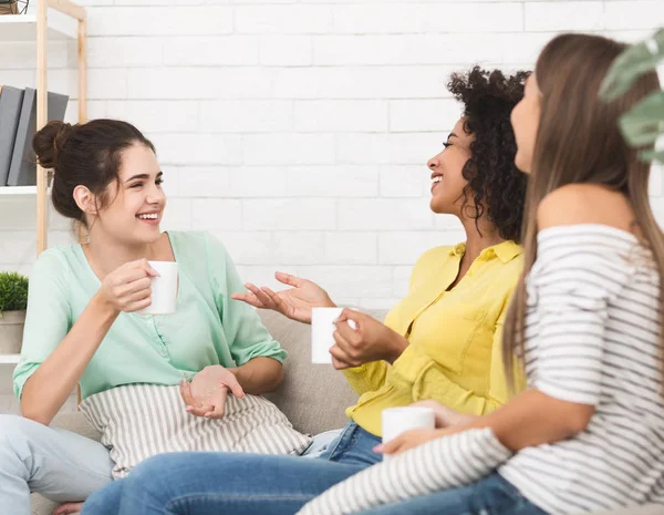 Vrienden genieten van gesprek en drinken koffie thuis — Stockfoto