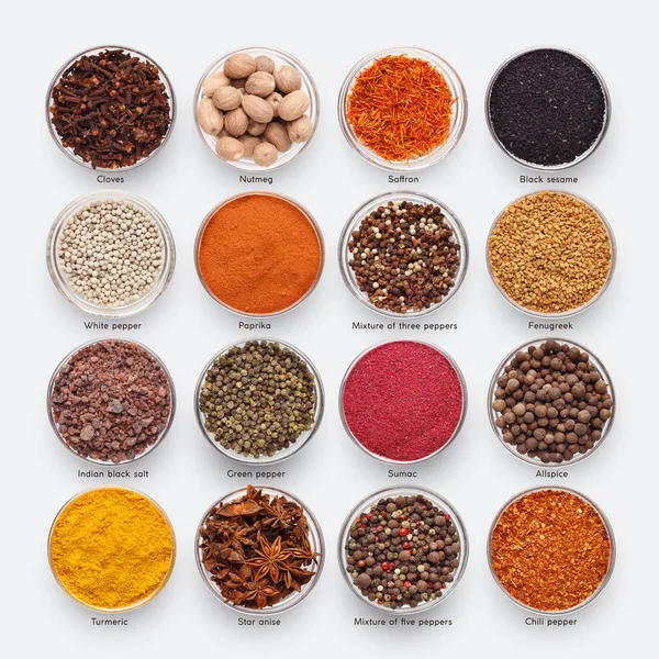 Samling av olika kryddor på vit bakgrund — Stockfoto