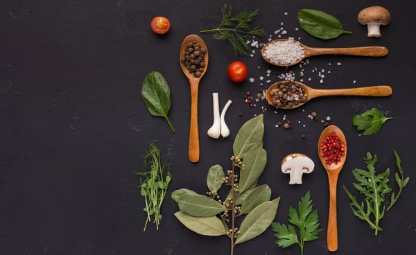 Fűszerek és gyógynövények a főzéshez a fekete háttér — Stock Fotó