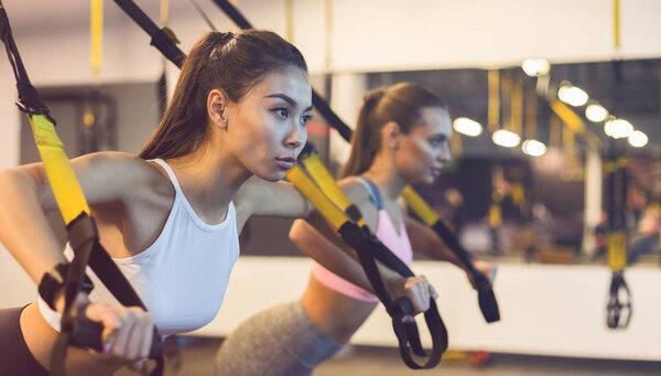 Women training triceps with trx fitness straps