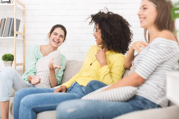 Prieteni fericiți vorbind acasă, având o discuție prietenoasă — Fotografie, imagine de stoc